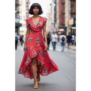 Soprano Red Floral High Low Dress Wrap Ruffle Cottagecore Coquette Sundress Maxi